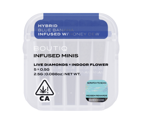 Boutiq Infused Minis Blue Banana x Honey Dew Pre-Rolls deliver a sweet, fruity fusion in a compact, potent format. Smooth, flavorful, and perfectly portable.